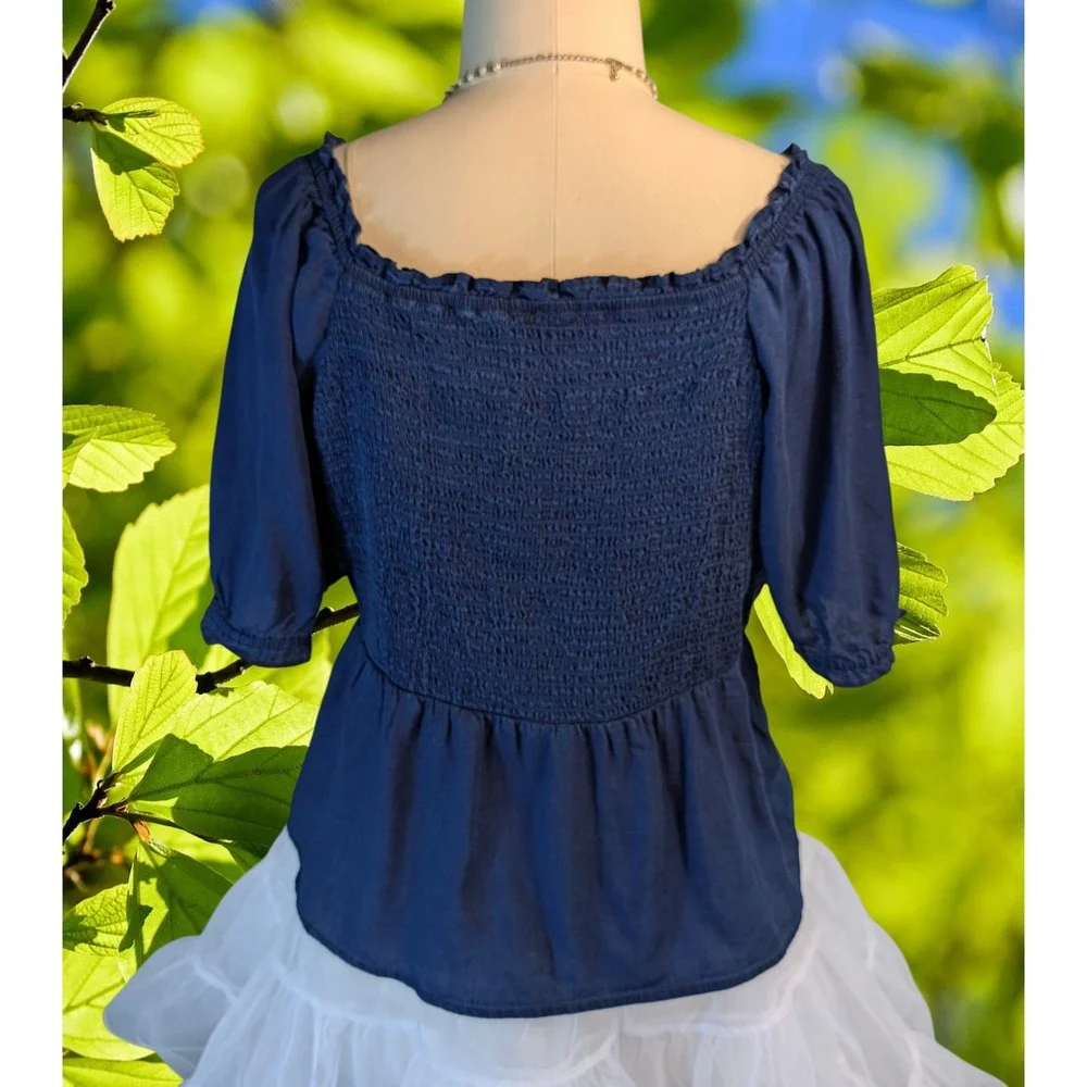 Old Navy XXL Dark Blue Smocked Peplum Top Puff Sleeve Lyocell Blouse Tope